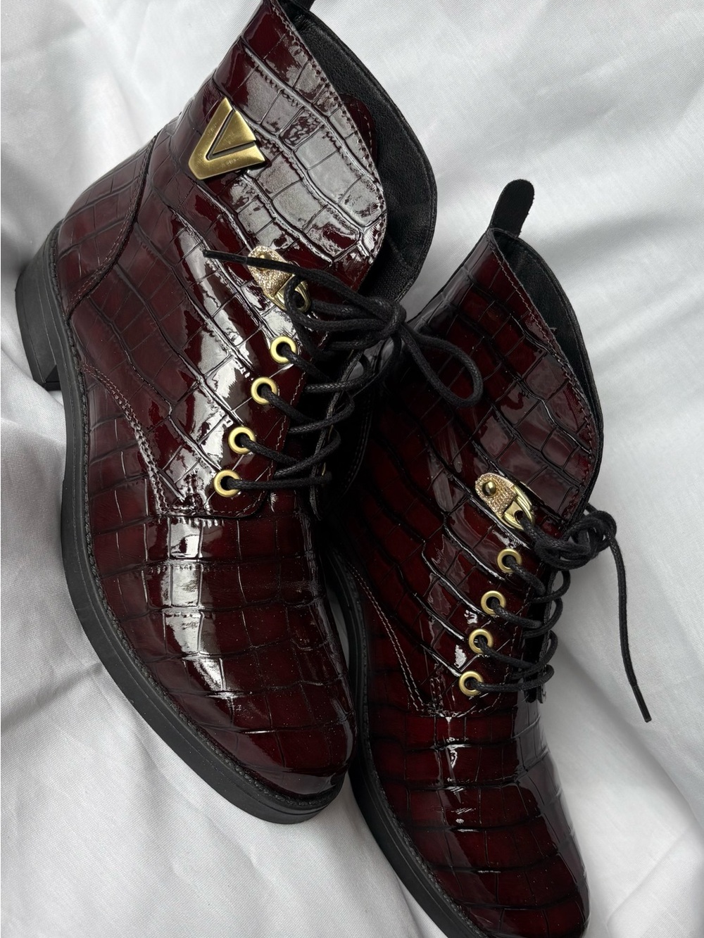 Patent Croc-Effect Lace-Up Ankle Boots in Deep Burgundy